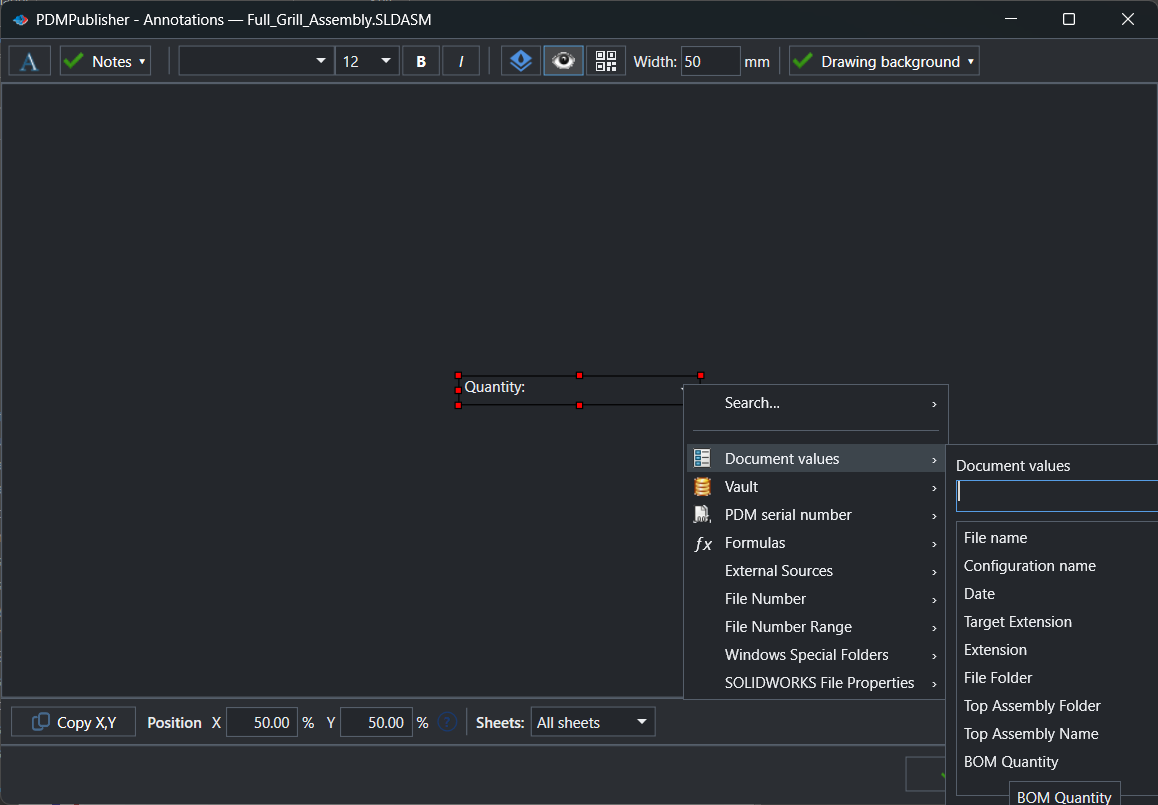PDMPublisher Annotations window for Full_Grill_Assembly.SLDASM with a red-handled text box reading Quantity: and the placeholder menu open, listing Search, Document values, Vault, PDM serial number, Formulas, External Sources, File Number, File Number Range, Windows Special Folders and SOLIDWORKS File Properties, with the Document values submenu showing File name, Configuration name, Date, Target Extension, Extension, File Folder, Top Assembly Folder, Top Assembly Name and BOM Quantity