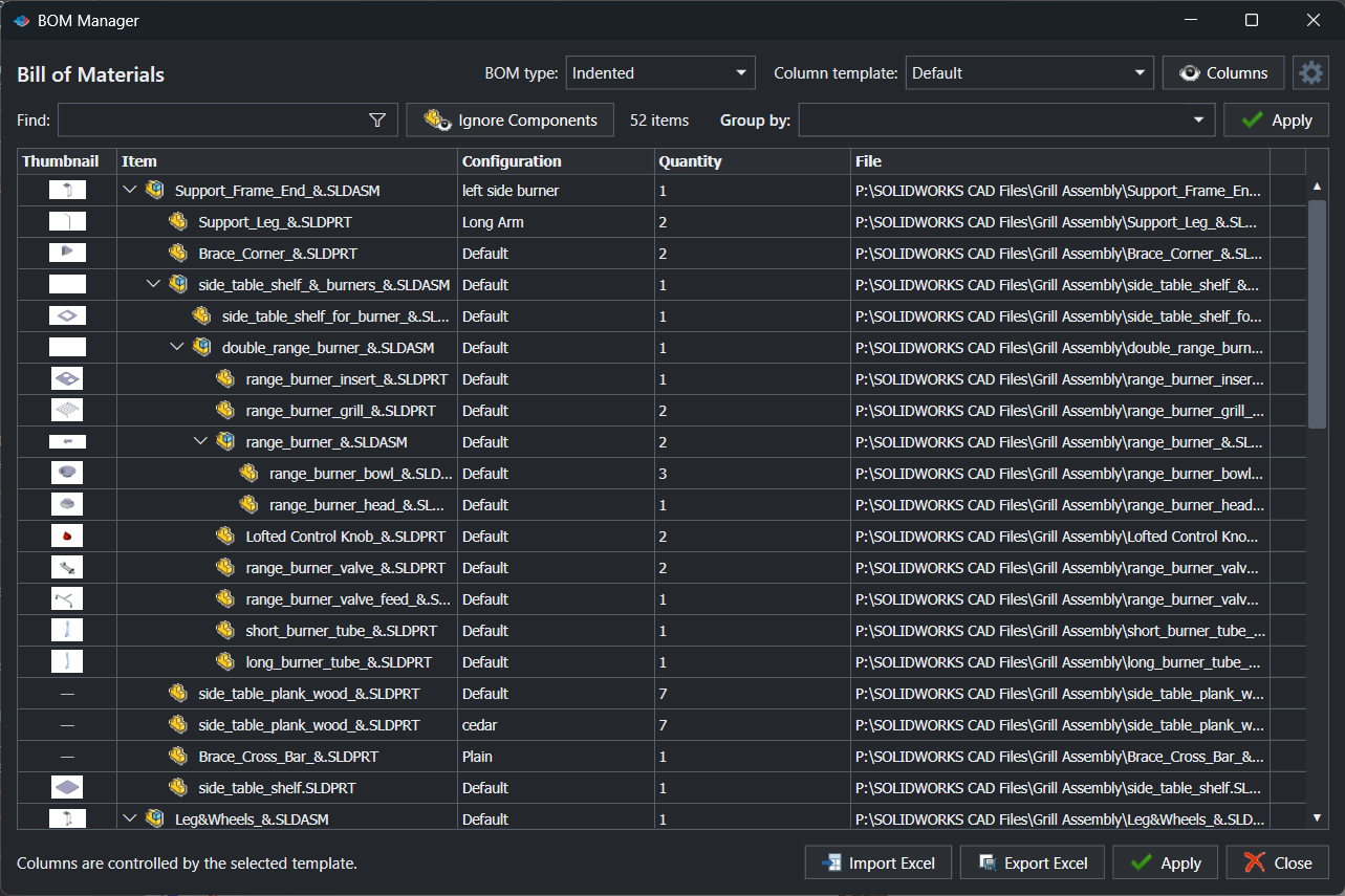 BOM Manager window titled Bill of Materials with BOM type Indented and Column template Engineering, listing Frame.SLDASM with its Mounting bracket child, Base plate, Roller and M8 socket screw rows with Configuration, Quantity, Description and Material columns, and Import Excel, Export Excel and Apply buttons