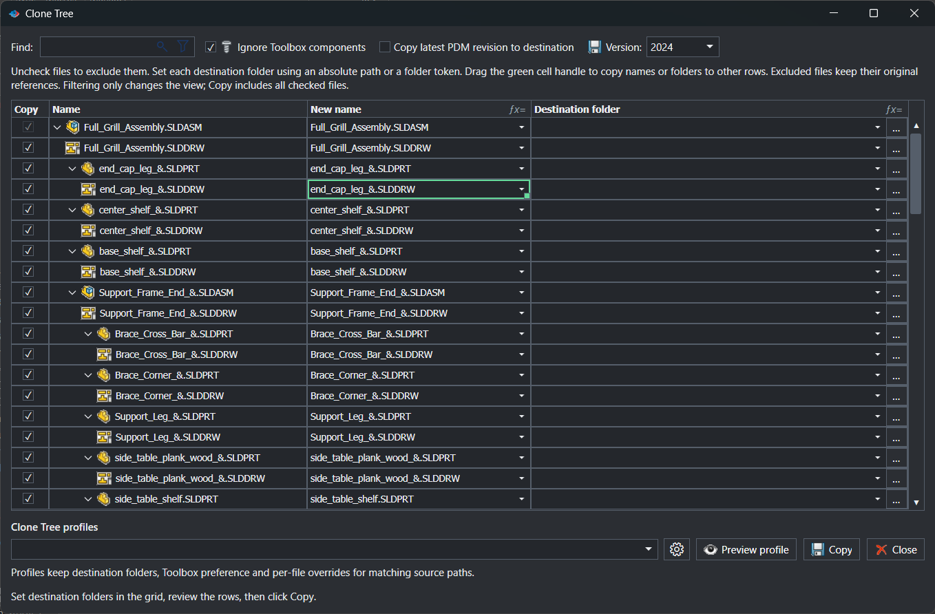 Clone Tree window listing Conveyor.SLDASM, Frame.SLDASM, Mounting bracket, Base plate, Roller and M8 socket screw with Copy checkboxes, New name cells prefixed NEW- and a Destination folder column set to C:\Projects\Conveyor Copy, plus a ZIP archive row, Ignore Toolbox components checked, and Preview profile and Copy buttons