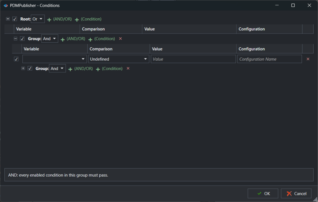 Conditions editor with nested AND/OR groups of rules on variables, comparisons and configurations