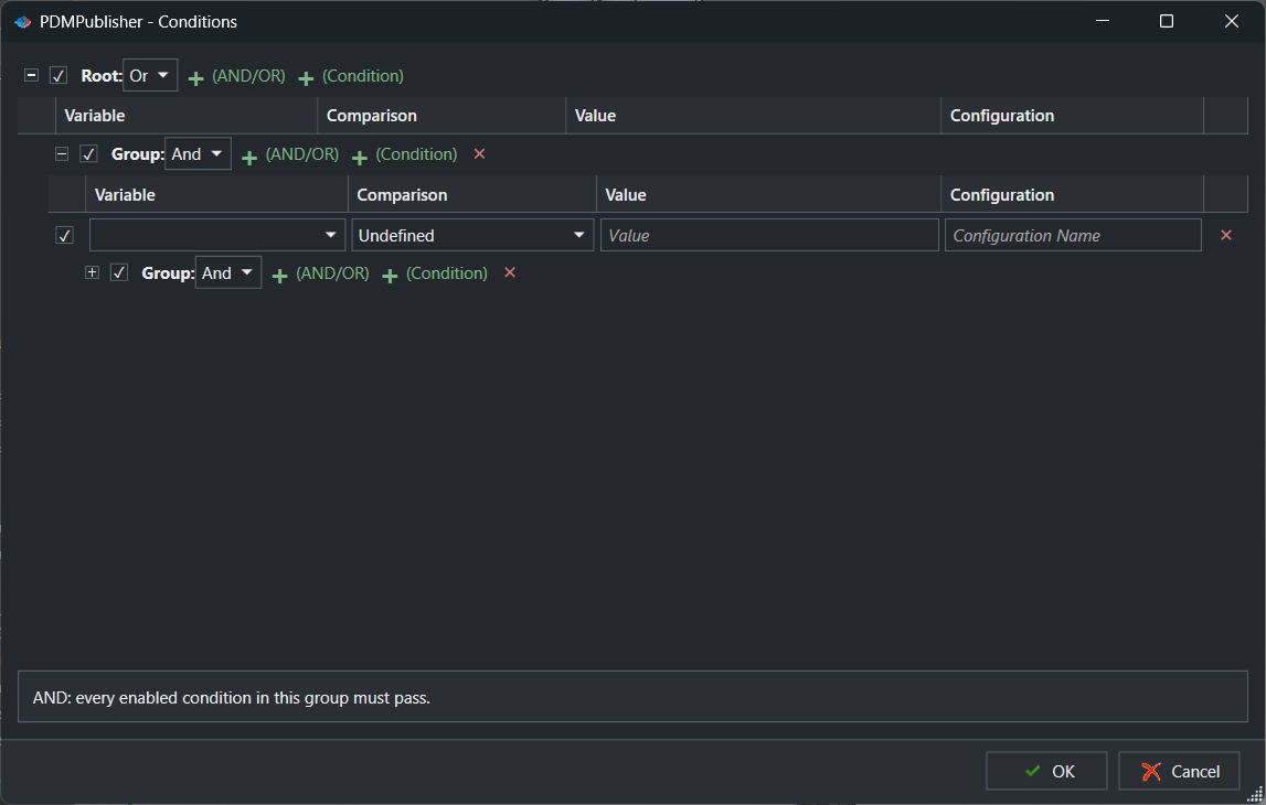 PDMPublisher Conditions editor with a Root Or group and a nested And group of condition rows for variable, comparison, value and configuration