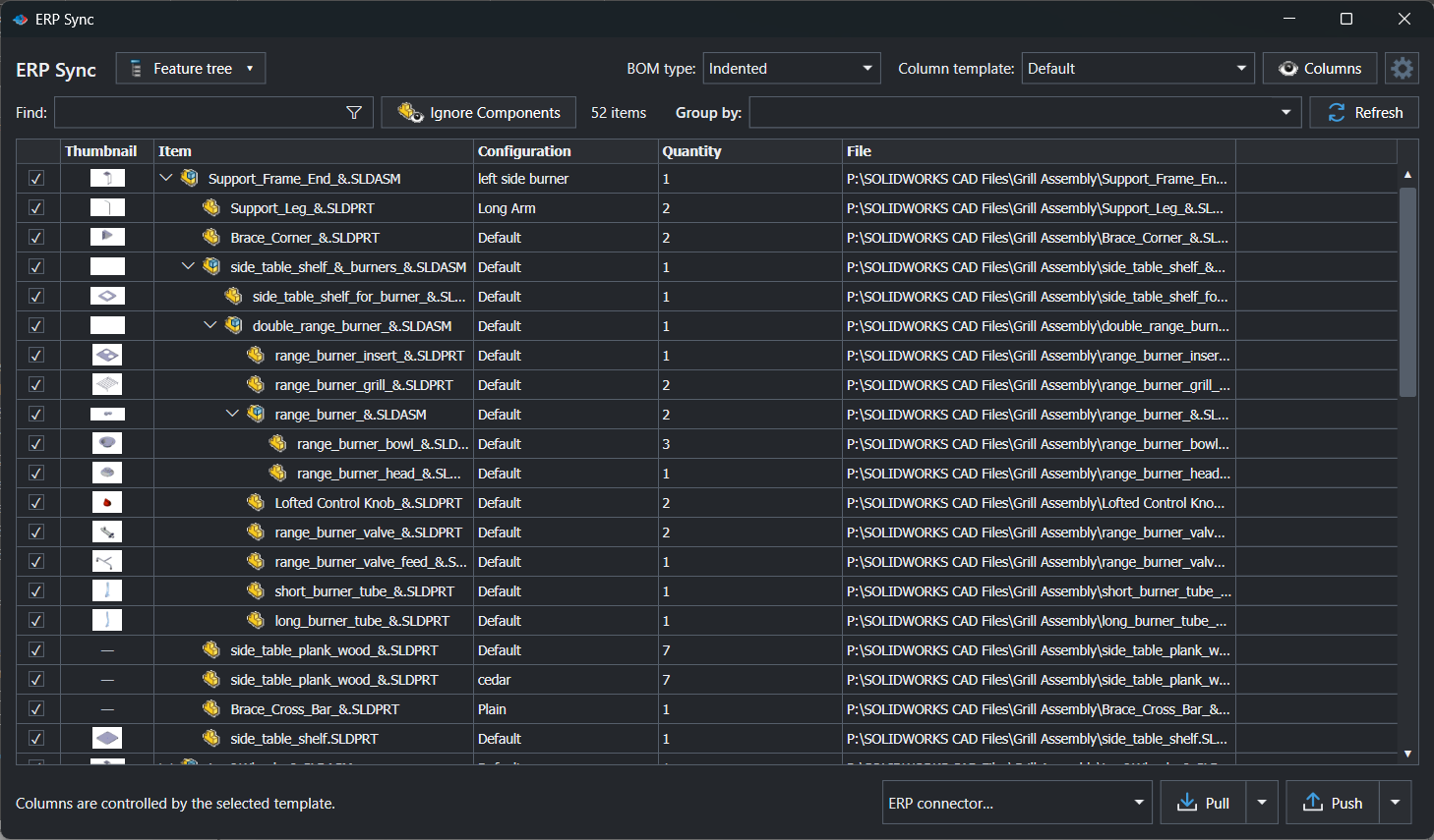 ERP Sync window listing 52 checked assembly component rows with thumbnail, item, material, configuration and quantity columns, the BOM type and column template selectors at the top, and the connector selector, Pull and Push buttons at the bottom