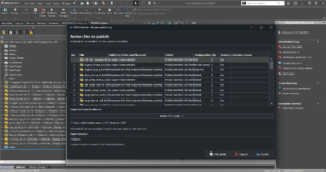 PDMPublisher running inside SOLIDWORKS: the Review files to publish window lists 41 assembly files with output folders, PDF and flat-pattern DXF options