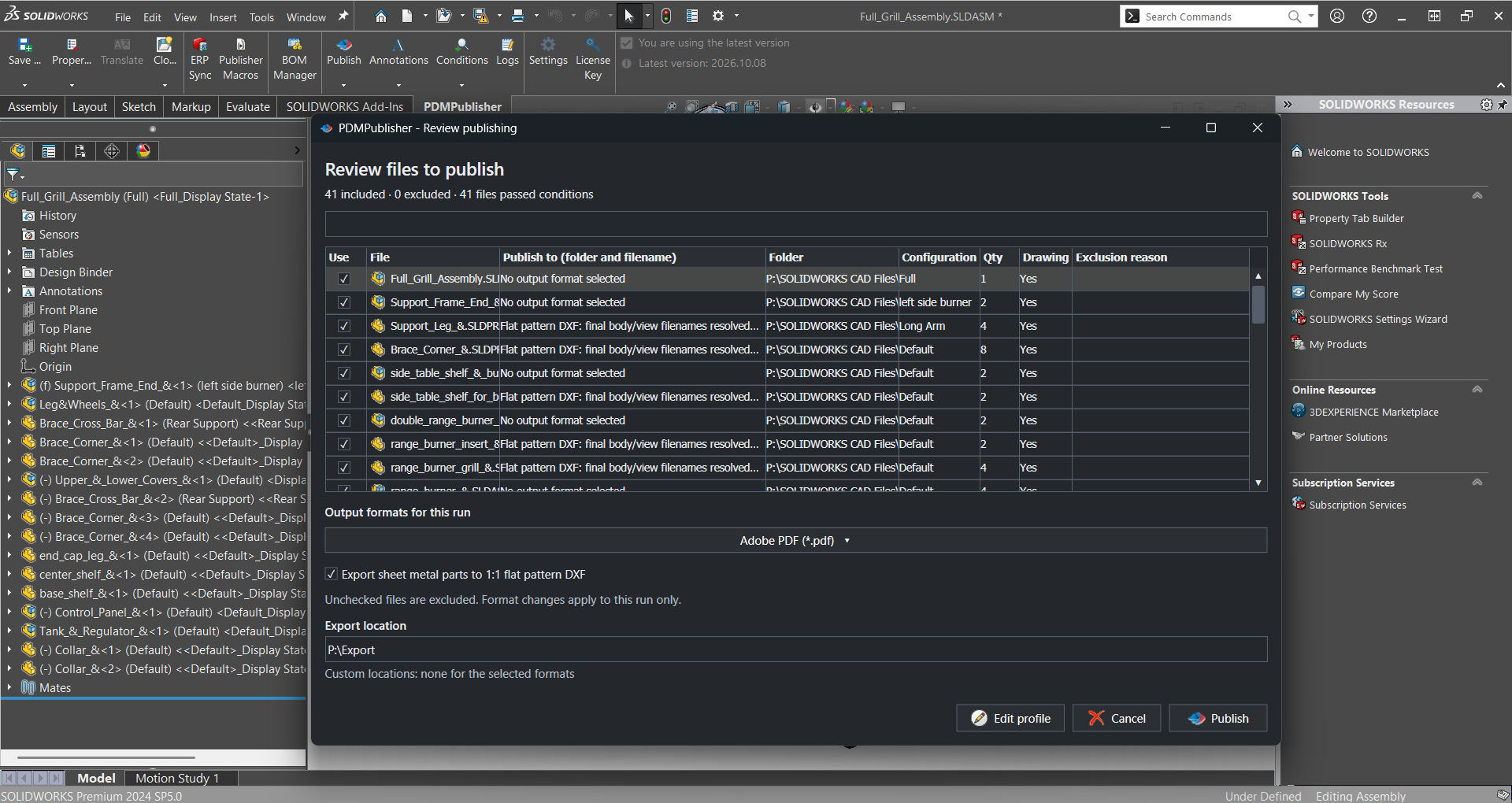 PDMPublisher publish review dialog listing 41 SOLIDWORKS assembly references with their evaluated PDF output paths before export starts