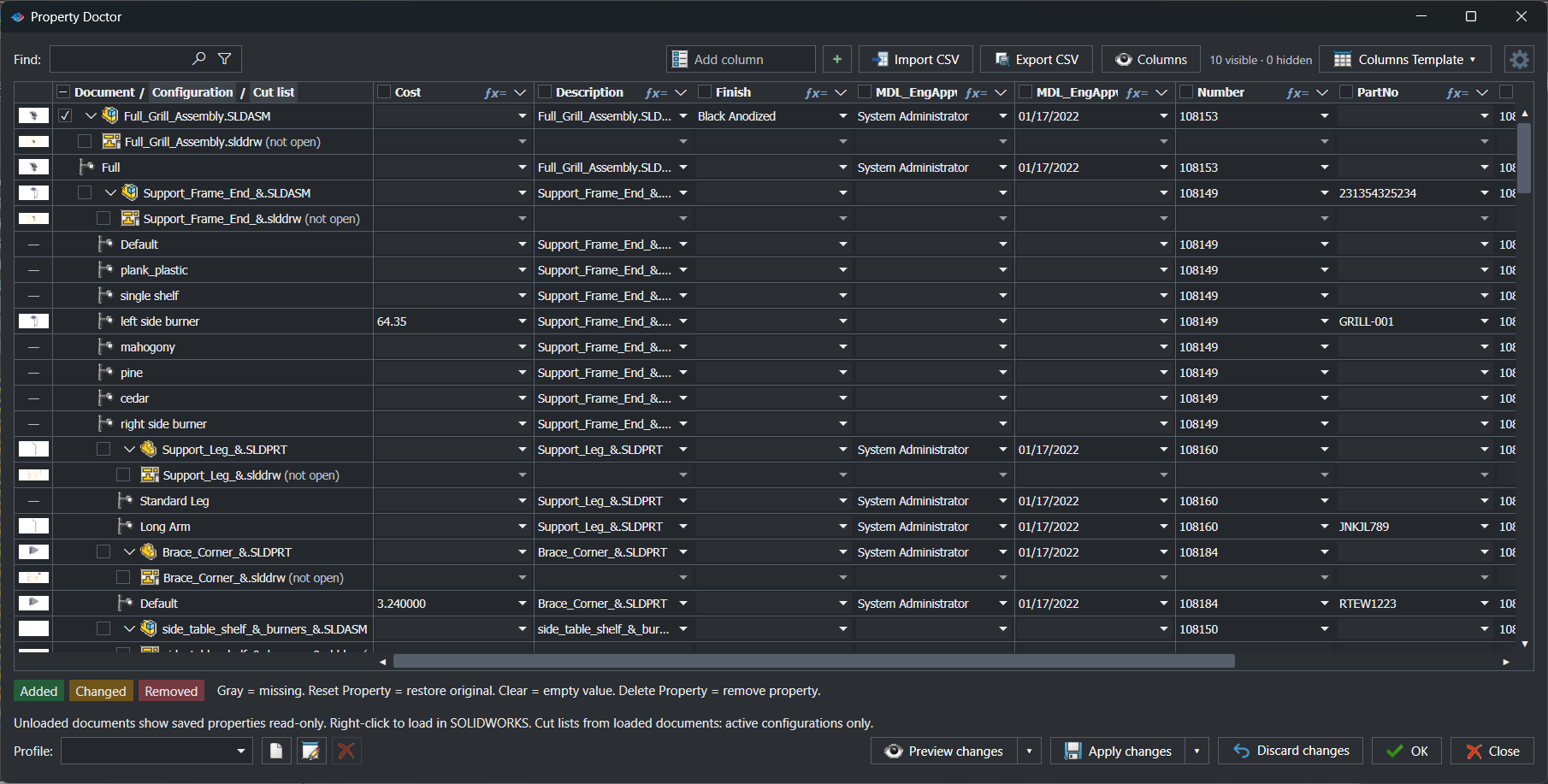Property Doctor grid listing Conveyor.SLDASM, Frame.SLDASM, Mounting bracket, Base plate, Roller and M8 socket screw with their Default configurations and Description, Material, PartNumber and Revision columns, changed Description cells highlighted in yellow, and Preview changes, Apply changes and Discard changes buttons
