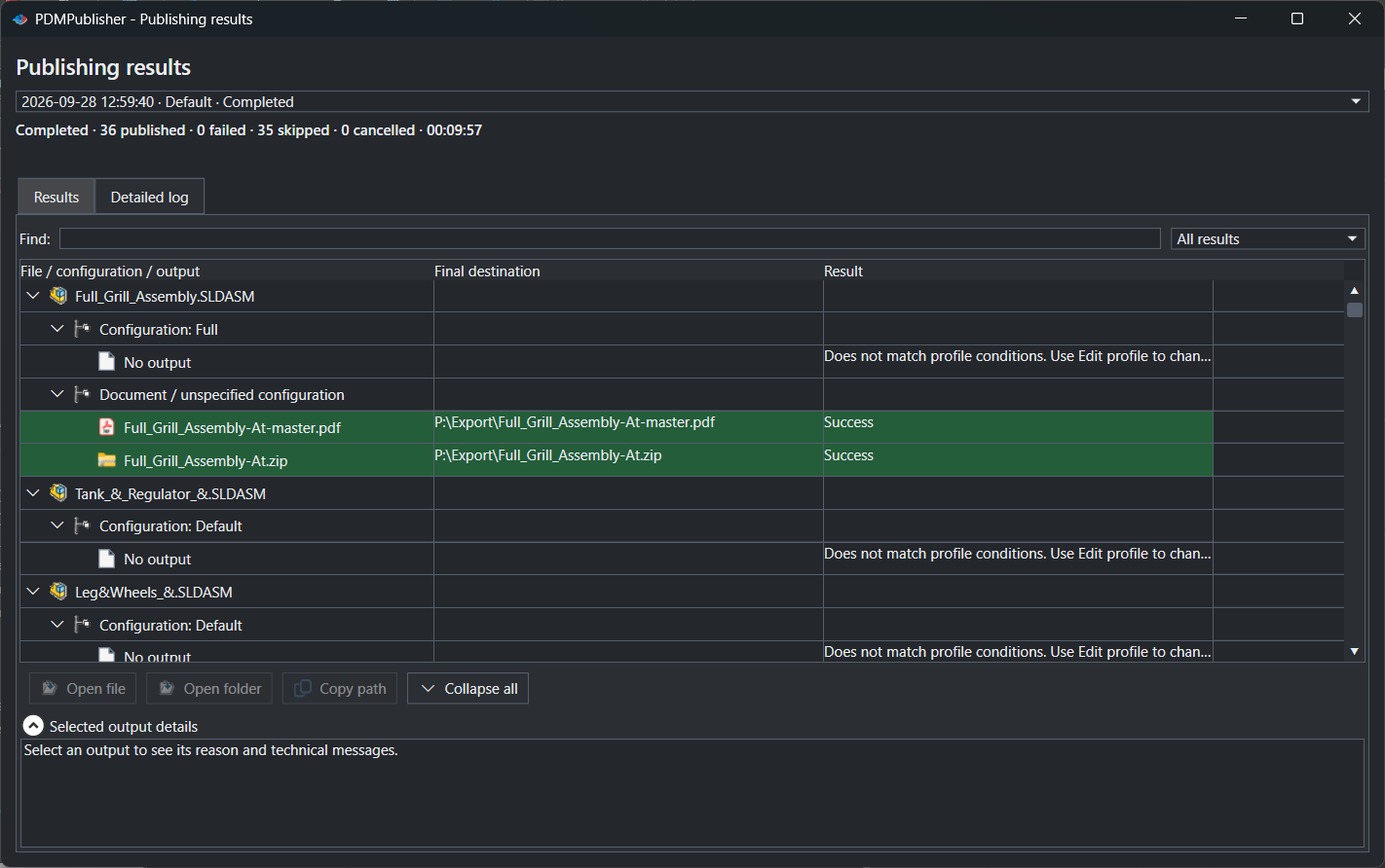 PDMPublisher Publishing results window listing each file, configuration and output with its final destination and result