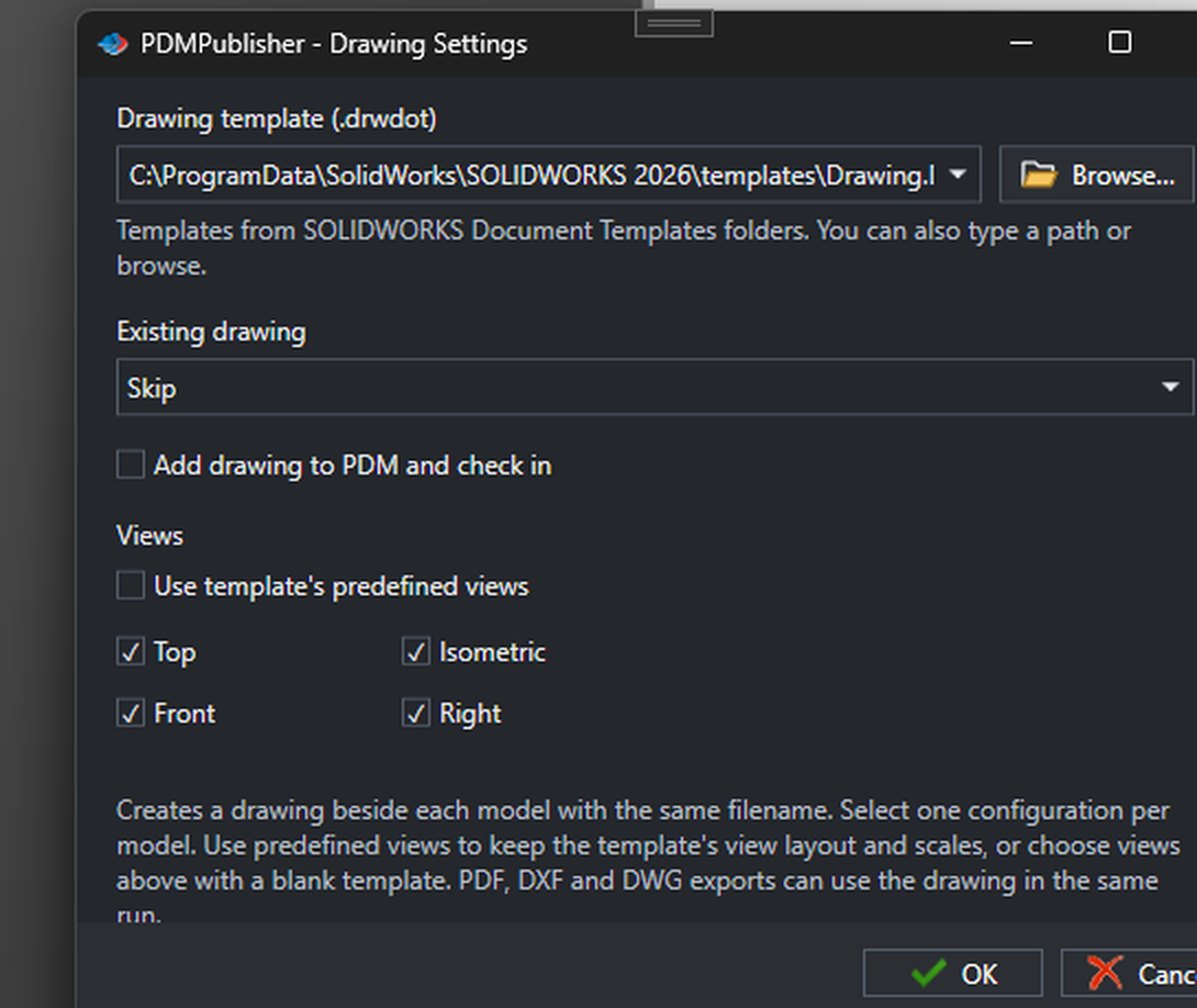 PDMPublisher Drawing Settings dialog with a drawing template path, Existing drawing set to Skip, Add drawing to PDM and check in, and Top, Front, Isometric and Right view checkboxes