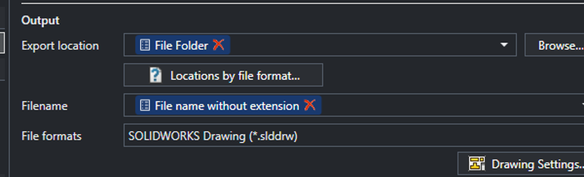 PDMPublisher Publish settings with SOLIDWORKS Drawing (*.slddrw) selected under File formats and the Drawing Settings button below it