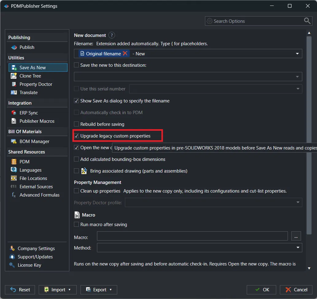 PDMPublisher Settings, Save As New page, with the Upgrade legacy custom properties checkbox highlighted and its tooltip: upgrade custom properties in pre-SOLIDWORKS 2018 models before Save As New reads and copies them