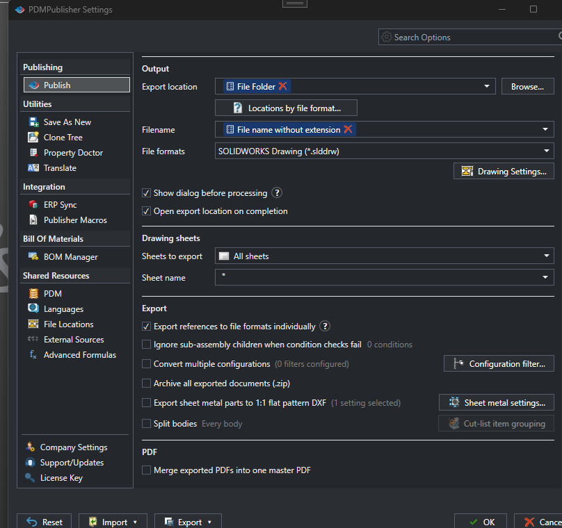 PDMPublisher Settings window on the Publish page with SOLIDWORKS Drawing (*.slddrw) selected as the file format, the Drawing Settings button and the Export references to file formats individually option
