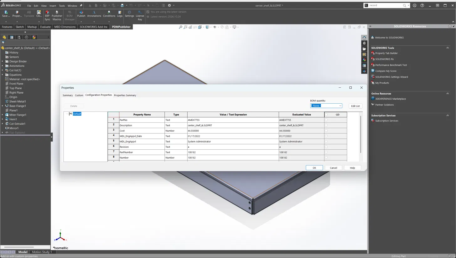 SOLIDWORKS Properties dialog after the upgrade, showing the Configuration Properties tab, a Default configuration tree and the same property values