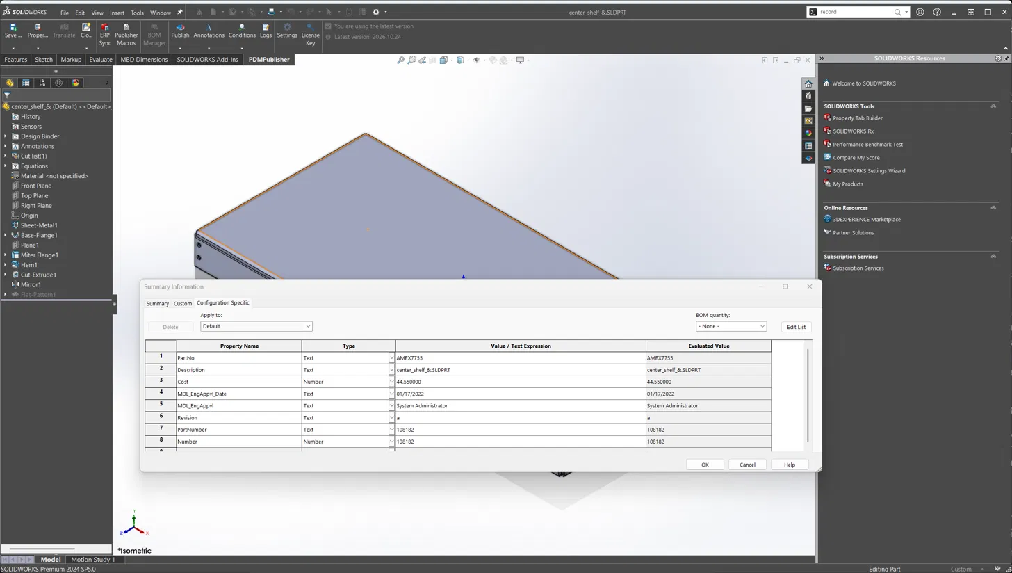 SOLIDWORKS Summary Information dialog on a legacy part showing the Configuration Specific tab with PartNo, Description, Cost, Revision and PartNumber properties